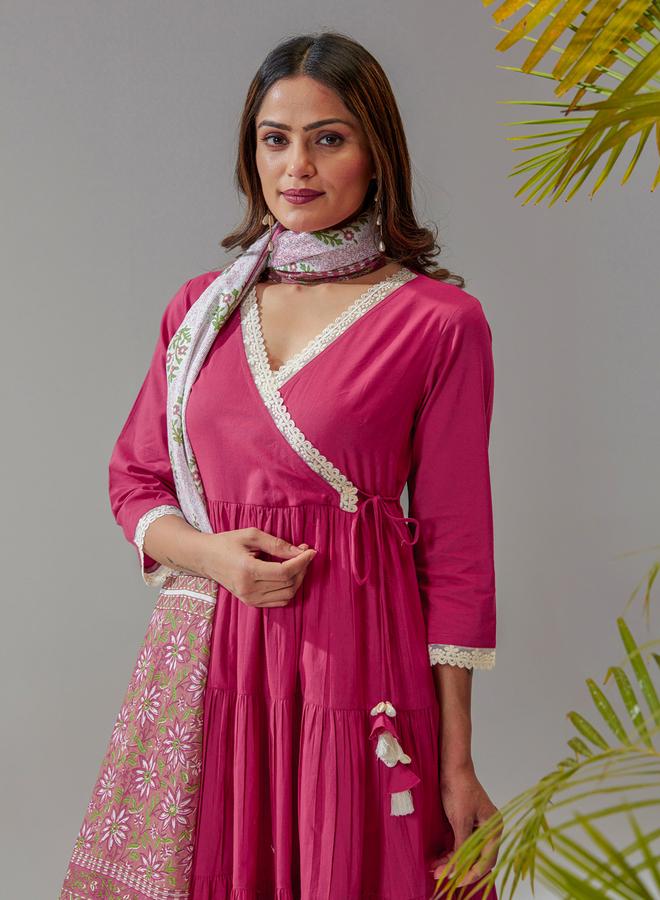 KASYA Pink Cotton Flared Kurta with Pants and Printed Dupatta Set - Image 5