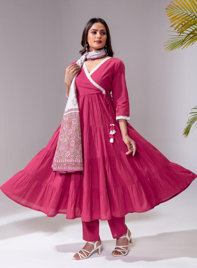 KASYA Pink Cotton Flared Kurta with Pants and Printed Dupatta Set - Image 3