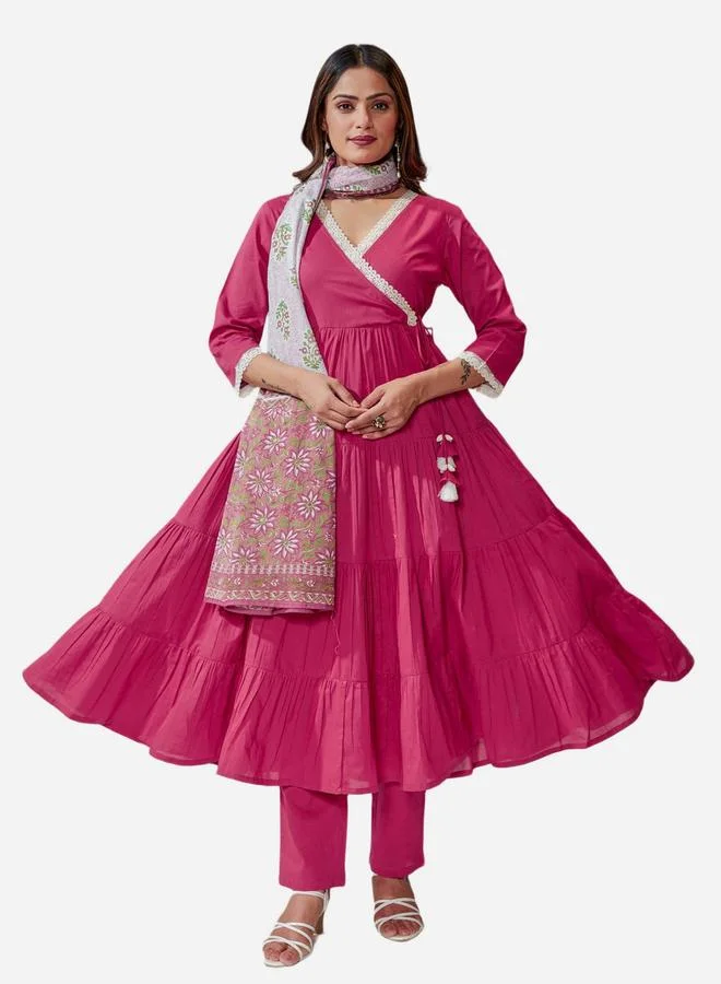 KASYA Pink Cotton Flared Kurta with Pants and Printed Dupatta Set