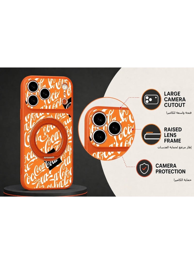 Coca-Cola iPhone 17 Pro Magnetic Phone Case, Matte TPU Protective Cover with Rotatable Magnetic Ring Stand, Wireless Charging Compatible, Camera Protection, Orange - Image 4