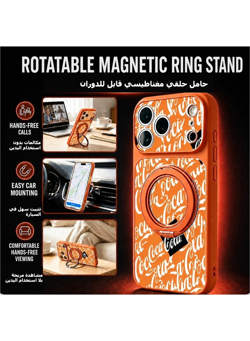 Coca-Cola iPhone 17 Pro Magnetic Phone Case, Matte TPU Protective Cover with Rotatable Magnetic Ring Stand, Wireless Charging Compatible, Camera Protection, Orange - Image 3