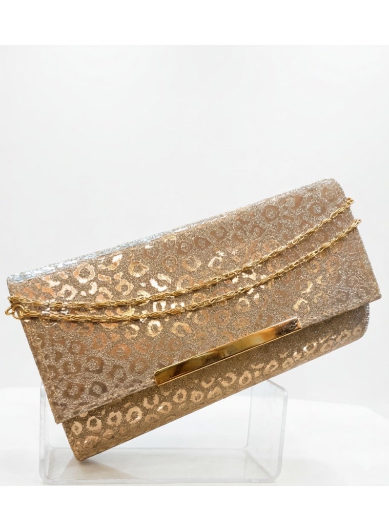 Women Soiree Bag, Silver Glitter, Leopard Pattern, Elegant Handbag with Chain (Gold)