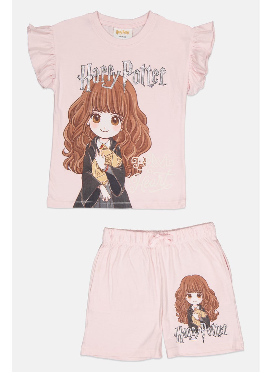 Harry Potter Kids Girl 2 Pcs Crew Neck Short Sleeves Rhinestone Top And Short Set, Pink  - Image 1
