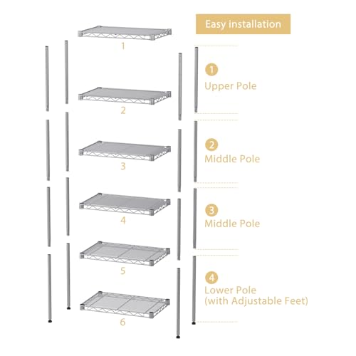 SINGAYE 6 Tier Shelf Wire Shelving Adjustable Storage Shelves Rack Standing Units for Kitchen Closet Laundry Bathroom Organizers Metal Pantry Narrow Mesh Gaps 10" D x 16" W x 60" H Gray - Image 4