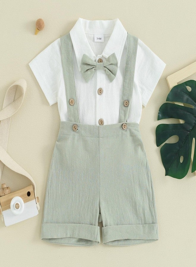 Gureui Infant Baby Boy Gentleman Outfit Summer Romper Onesie Suspender Shorts Overalls Newborn Dress Clothes (A Green Bowtie, 6-12 Months) - Image 4