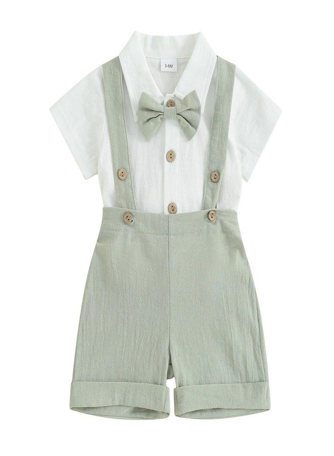 Gureui Infant Baby Boy Gentleman Outfit Summer Romper Onesie Suspender Shorts Overalls Newborn Dress Clothes (A Green Bowtie, 6-12 Months) - Image 1