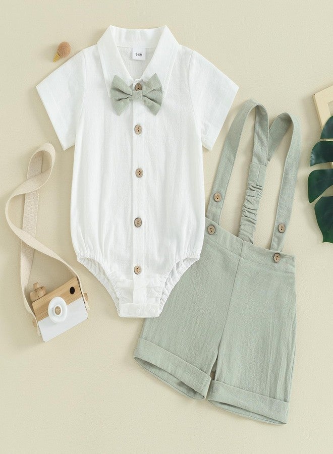 Gureui Infant Baby Boy Gentleman Outfit Summer Romper Onesie Suspender Shorts Overalls Newborn Dress Clothes (A Green Bowtie, 6-12 Months) - Image 3
