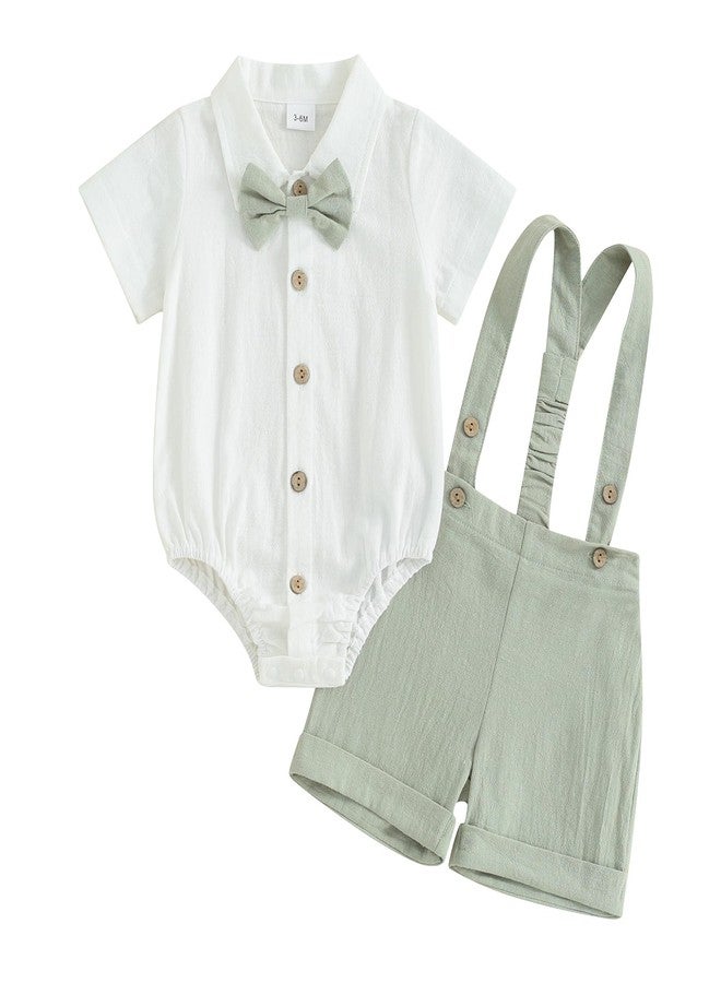 Gureui Infant Baby Boy Gentleman Outfit Summer Romper Onesie Suspender Shorts Overalls Newborn Dress Clothes (A Green Bowtie, 6-12 Months) - Image 2