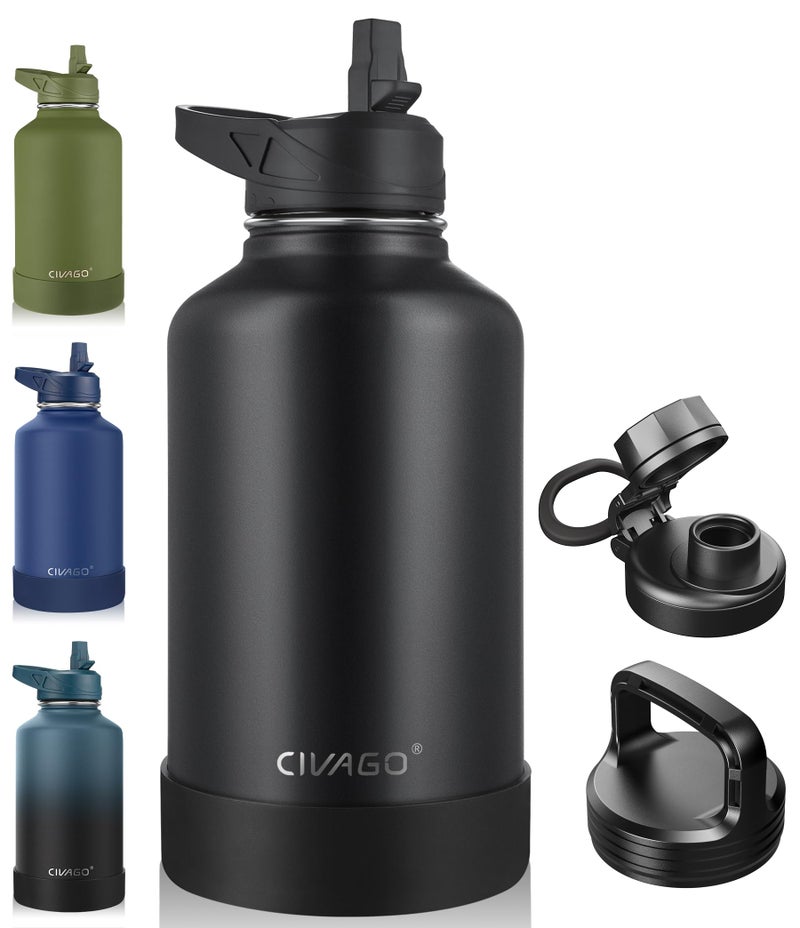 CIVAGO 64 oz Insulated Water Bottle With Straw, Half Gallon Stainless Steel Sports Water Flask Jug with 3 Lids (Straw, Spout and Handle Lid), Large Metal Thermal Cup Mug, Midnight Black - Image 1