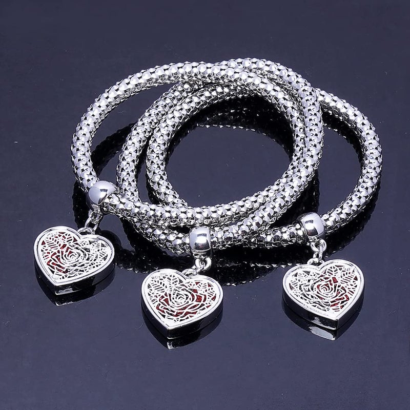SILANER Crystal Charms Multilayer Bracelets - 3PCS Gold/Silver/Rose Gold Corn Chain Bracelet for Women, Tree of Life Heart Shaped Stretch Bracelet (Silver Rose Charm) - Image 5