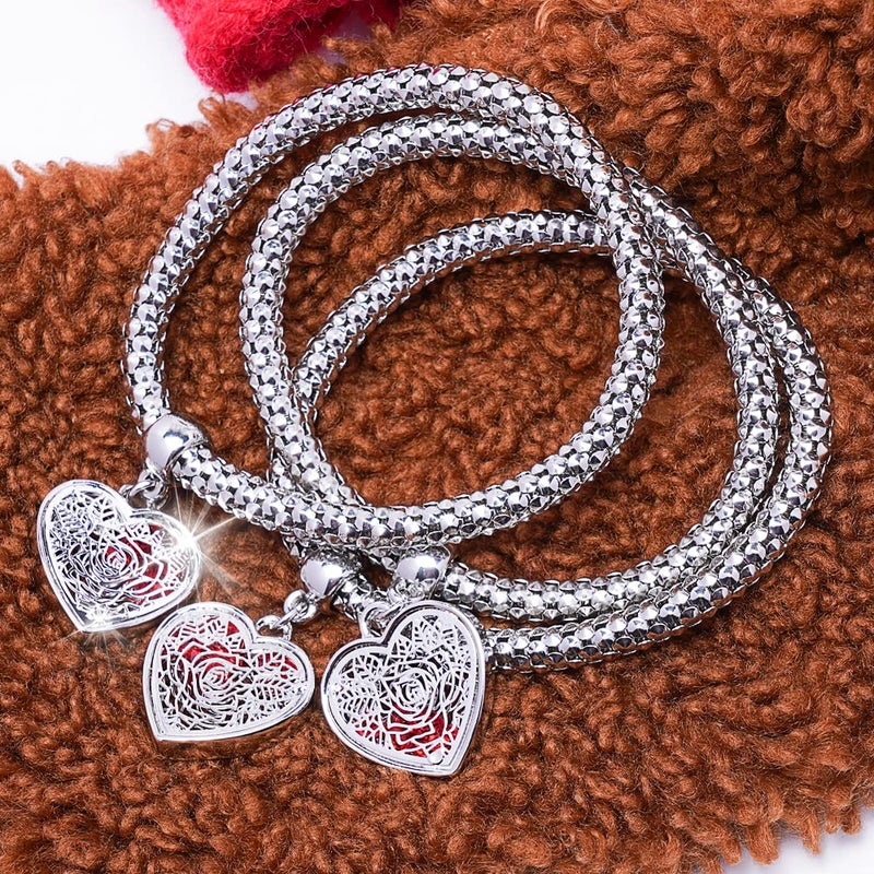 SILANER Crystal Charms Multilayer Bracelets - 3PCS Gold/Silver/Rose Gold Corn Chain Bracelet for Women, Tree of Life Heart Shaped Stretch Bracelet (Silver Rose Charm) - Image 4