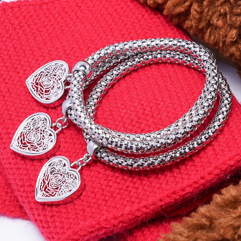 SILANER Crystal Charms Multilayer Bracelets - 3PCS Gold/Silver/Rose Gold Corn Chain Bracelet for Women, Tree of Life Heart Shaped Stretch Bracelet (Silver Rose Charm) - Image 3