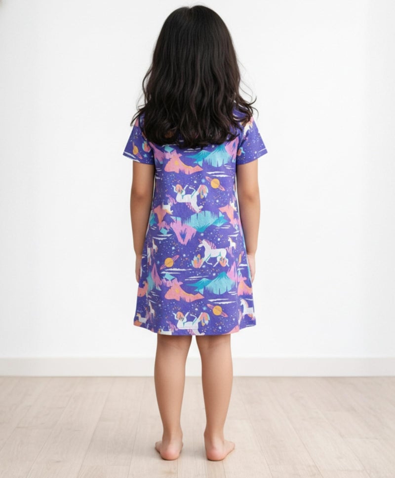 ANTHRILO Unicorn Planet Night Dress & Night Suits for Girls Long Vintage Soft Cotton Sleepwear, Half Length Nightdress for Kids 5-6 Years Purple - Image 4