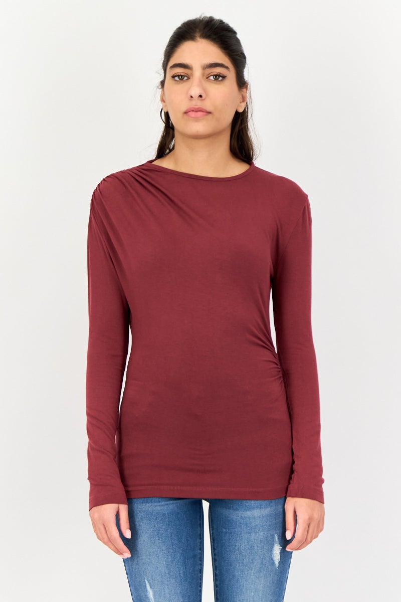 Levi's Women Crew Neck Long Sleeve Solid Shirt, Maroon - Image 1