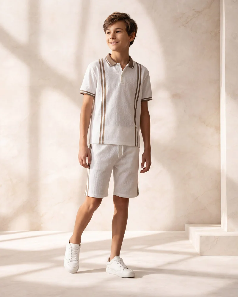 Redtag Senior Boys White Jacquard Zip Neck Polo And Shorts Set