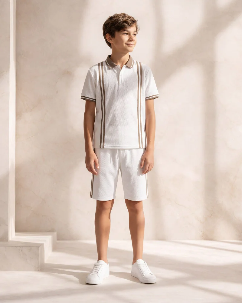 Redtag Senior Boys White Jacquard Zip Neck Polo And Shorts Set