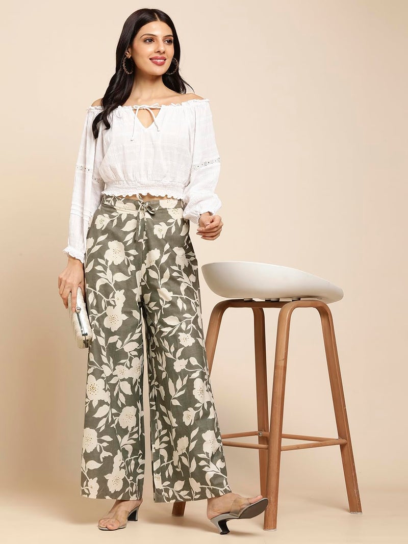 RATAN Women's Cotton Printed Loose Fit Flared Wide Leg Mid Rise Palazzo Pants (CFP-Brown-XX-Large) - Image 2