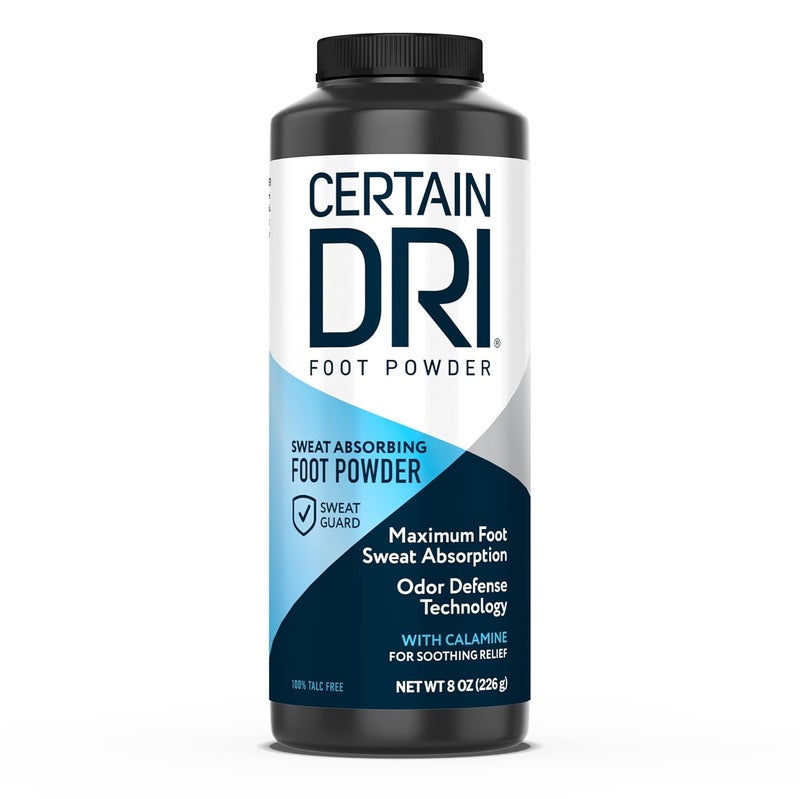CERTAIN DRI Certain Dri Foot Powder for Men & Women, Maximum Sweat Absorption, Moisture & Odor Control, Itch-Free Shoe Deodorizer, Talc-Free Formula, Gentle on Sensitive Skin, Calamine Scent, 8 oz 