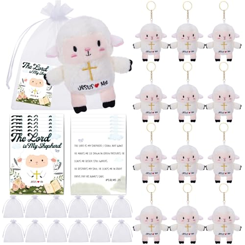 LeYoHa Christian Gifts Lamb Stuffed Animal 12 Pack Baptism Gifts for Girl Boys Cute Sheep Plush Keychain with Jesus Loves Me Perfect for First Communion Party Favors - Image 1