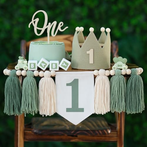 DCJHFJ Wild One High Chair Banner For 1st Birthday Party Boy Decorations With Green Tassel Garland Crown Hat Cake Topper - Image 1