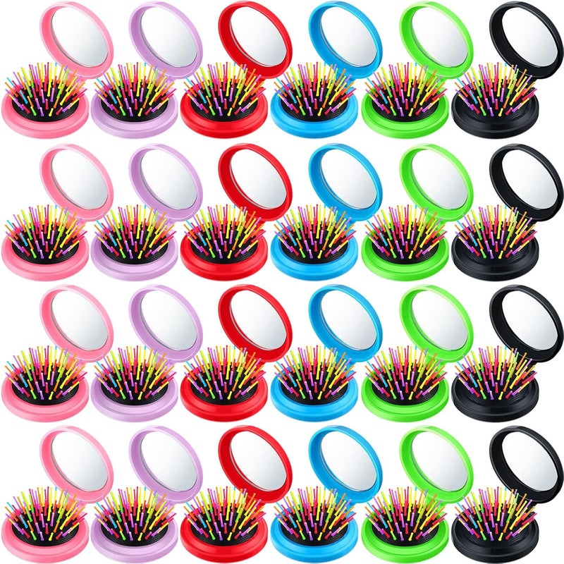 فرشاة شعر قابلة للطي للسفر من هوليري 24 قطعة مع مرآة - فرشاة شعر صغيرة دائرية قابلة للطي - فرشاة مدمجة محمولة - أمشاط شعر للنساء والفتيات والرجال - مكياج - عملية عيد الميلاد - 6 ألوان