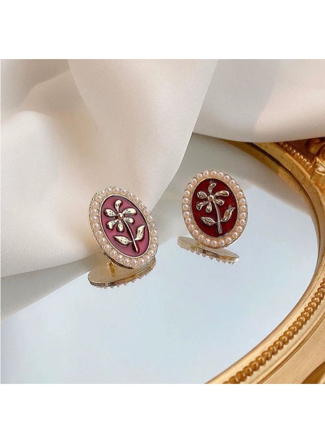 Goolsky Burgundy Vintage Floral Pearl Stud Earrings for Women Artistic Elegant Niche Design Fashion Statement Earrings Retro Style - Image 4
