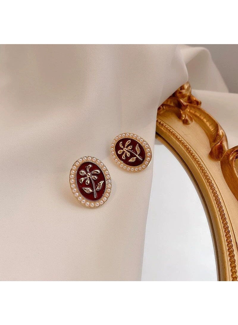 Goolsky Burgundy Vintage Floral Pearl Stud Earrings for Women Artistic Elegant Niche Design Fashion Statement Earrings Retro Style - Image 3