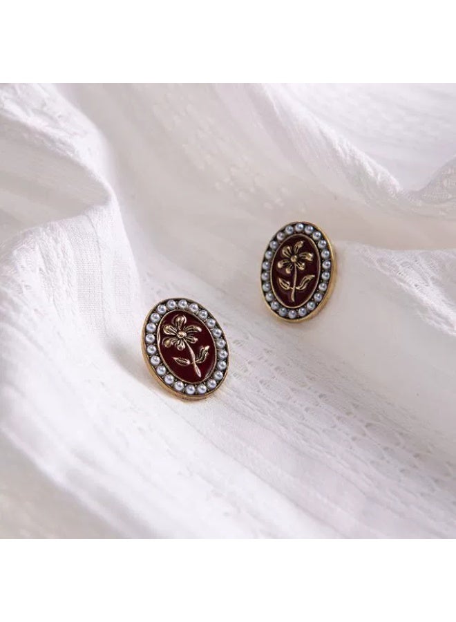 Goolsky Burgundy Vintage Floral Pearl Stud Earrings for Women Artistic Elegant Niche Design Fashion Statement Earrings Retro Style - Image 2