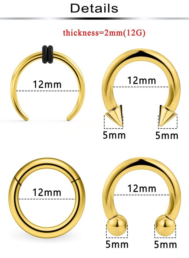 Ftovosyo 4Pcs PA Ring Horseshoe Circular Barbell 316L Surgical Steel Internally Threaded 12G Septum Rings Kit Gold Ear Gauges Pierced Jewelry for Women 12mm - Image 2