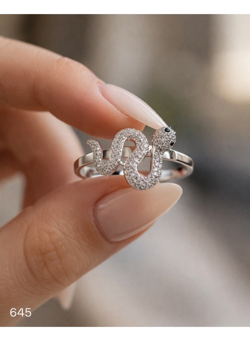 3Diamonds Snake Ring with Cubic Zirconia, Platinum Rhodium Plated - Image 2