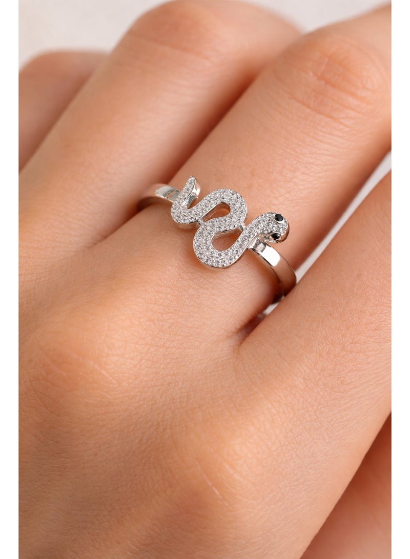 3Diamonds Snake Ring with Cubic Zirconia, Platinum Rhodium Plated - Image 1