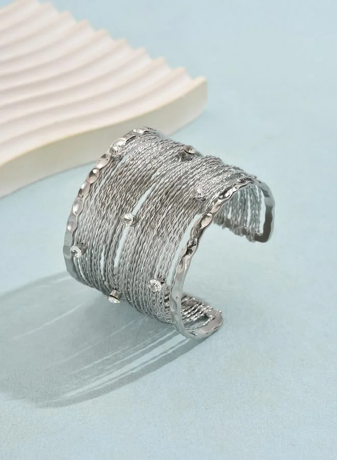 Take Two Take Two Silver Textured Wide Open Cuff Bracelet