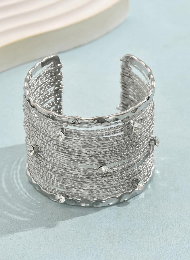 Take Two Silver Textured Wide Open Cuff Bracelet - Image 4