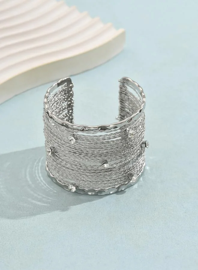 Take Two Take Two Silver Textured Wide Open Cuff Bracelet