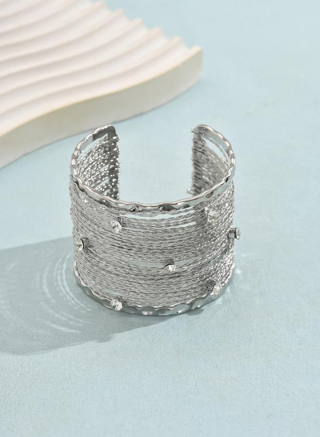 Take Two Silver Textured Wide Open Cuff Bracelet - Image 1