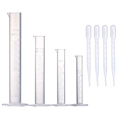 Young4us Measuring Cylinder Set, 4 Sizes Graduated Polypropylene Lab Test Tubes in 100 ml, 50 ml, 25 ml, 10 ml for Laboratory, & Science Experiments with 4 Plastic Droppers in 3 ml - Image 1