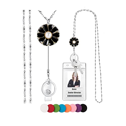 SAM & LORI Retractable Lanyard Necklace for ID Badges Holder Keys Stainless Steel Metal Lanyard Necklace Silver Chain with Badge Clip for Women Teachers Nurse (Daisy,Black) - Image 1