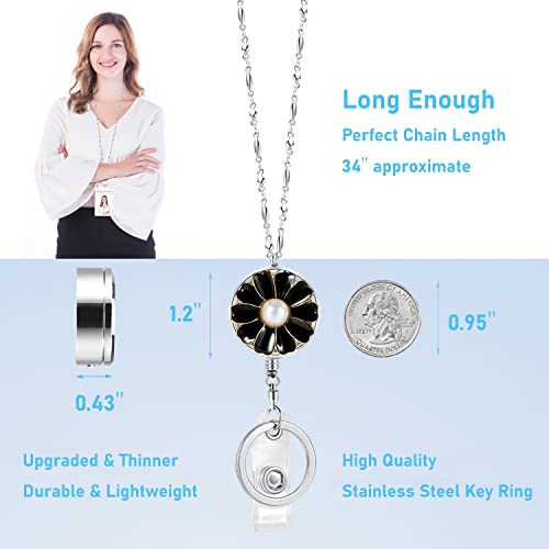 SAM & LORI Retractable Lanyard Necklace for ID Badges Holder Keys Stainless Steel Metal Lanyard Necklace Silver Chain with Badge Clip for Women Teachers Nurse (Daisy,Black) - Image 2