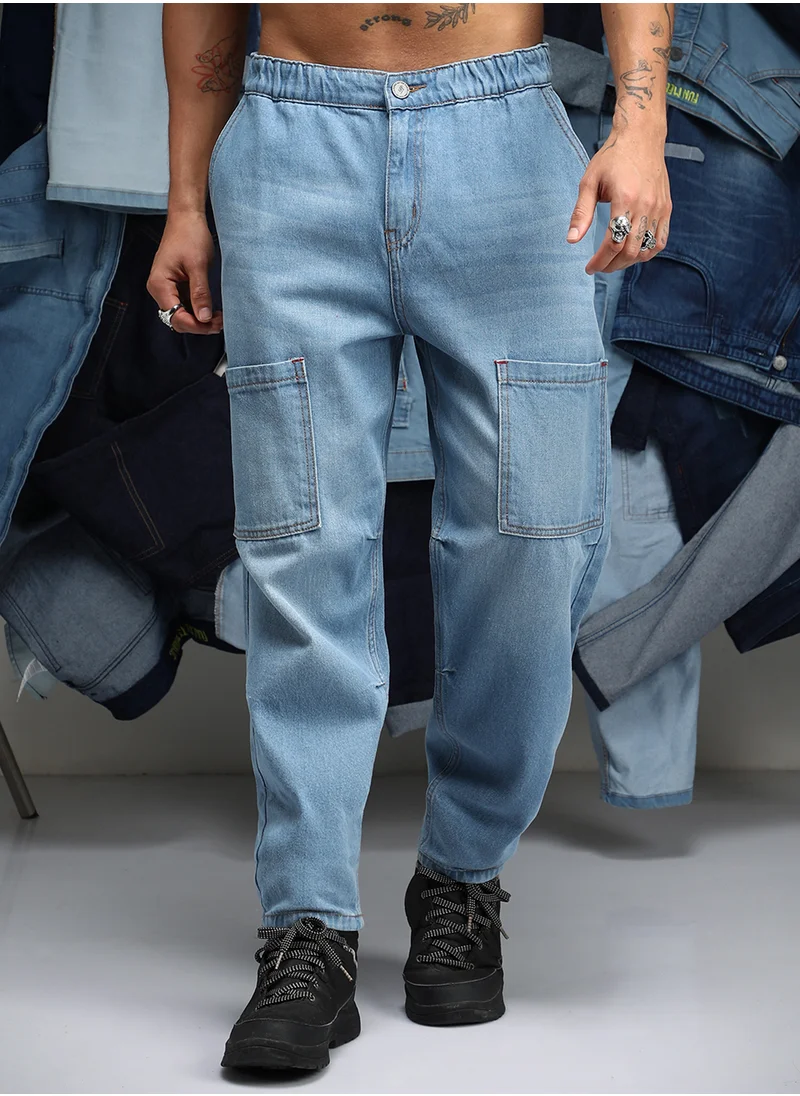 كامبوس سوترا Men's Light Blue Carrot-Fit Utility Denim Jeans