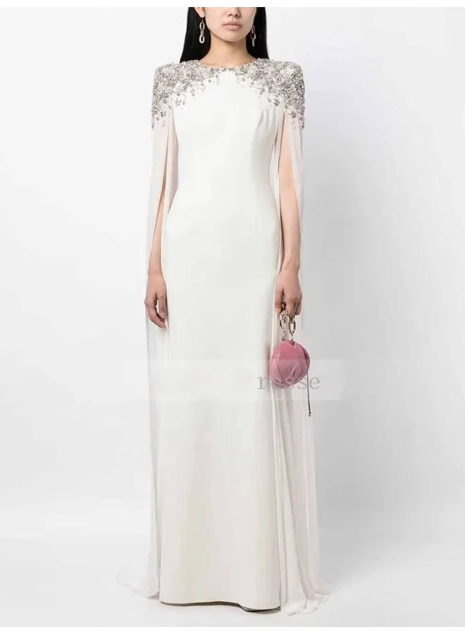Madam Uniq New Arrival White Elegant Long Dress - Beaded and Rhinestone Embellished Maxi Gown