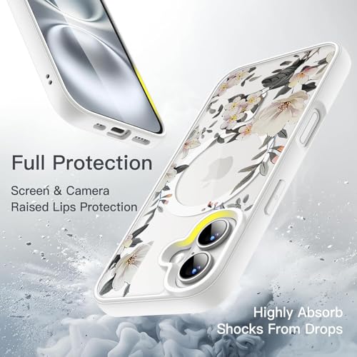VONZEE Back Cover Case Compatible with iPhone 17, Luxury Retro Flowers Floral Clear for Magnetic Wireless Charging Case Shockproof PC+TPU Cute Glossy Shiny Cover for Girls Women, 6.3'' White - Image 5