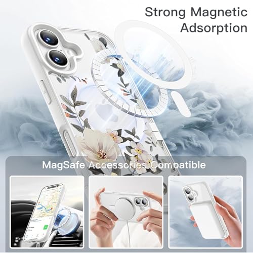 VONZEE Back Cover Case Compatible with iPhone 17, Luxury Retro Flowers Floral Clear for Magnetic Wireless Charging Case Shockproof PC+TPU Cute Glossy Shiny Cover for Girls Women, 6.3'' White - Image 4