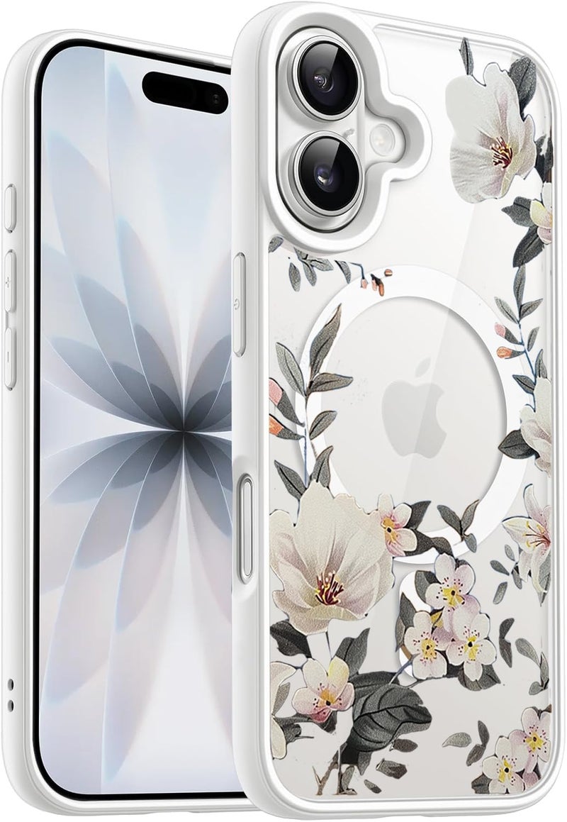 VONZEE Back Cover Case Compatible with iPhone 17, Luxury Retro Flowers Floral Clear for Magnetic Wireless Charging Case Shockproof PC+TPU Cute Glossy Shiny Cover for Girls Women, 6.3'' White - Image 1