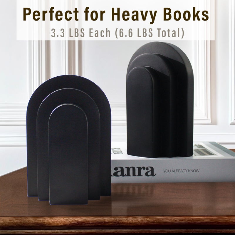 LIN CHUAN Heavy Duty Book Ends for Shelves, Decorative Bookends for Heavy Books Set of 2, 6.6 LBS Modern Book Stopper for Home Decor, Bookshelf, Aesthetic Bookend with Layered Arch Design, Black - Image 5