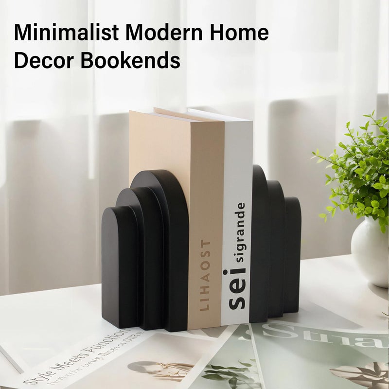 LIN CHUAN Heavy Duty Book Ends for Shelves, Decorative Bookends for Heavy Books Set of 2, 6.6 LBS Modern Book Stopper for Home Decor, Bookshelf, Aesthetic Bookend with Layered Arch Design, Black - Image 2