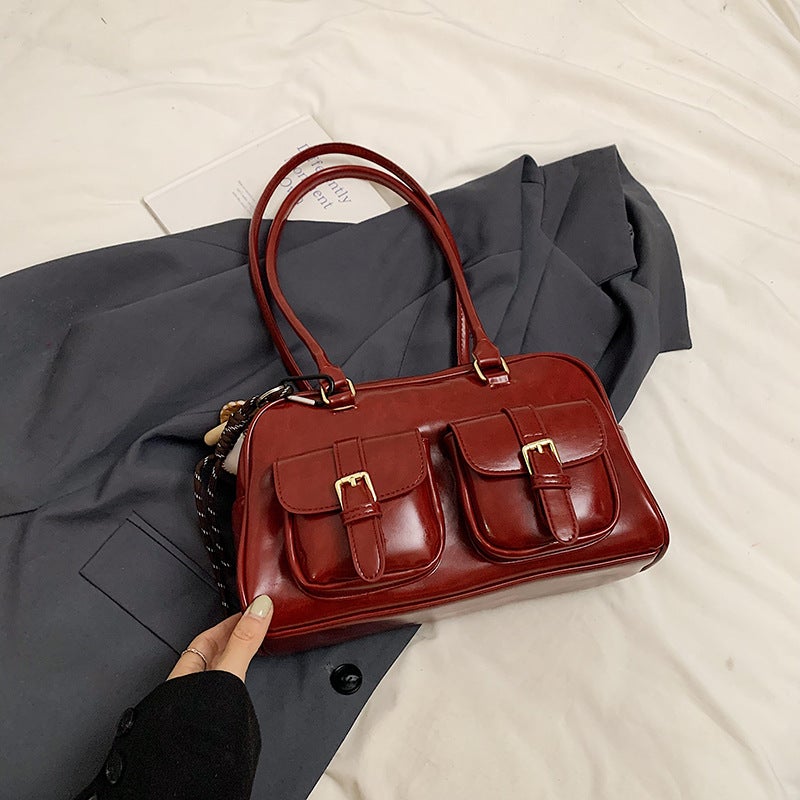 Vintage Boston Oil Wax Leather Pillow Bag Women'S Commuter Bowling Bag Portable Shoulder Bag - Image 3