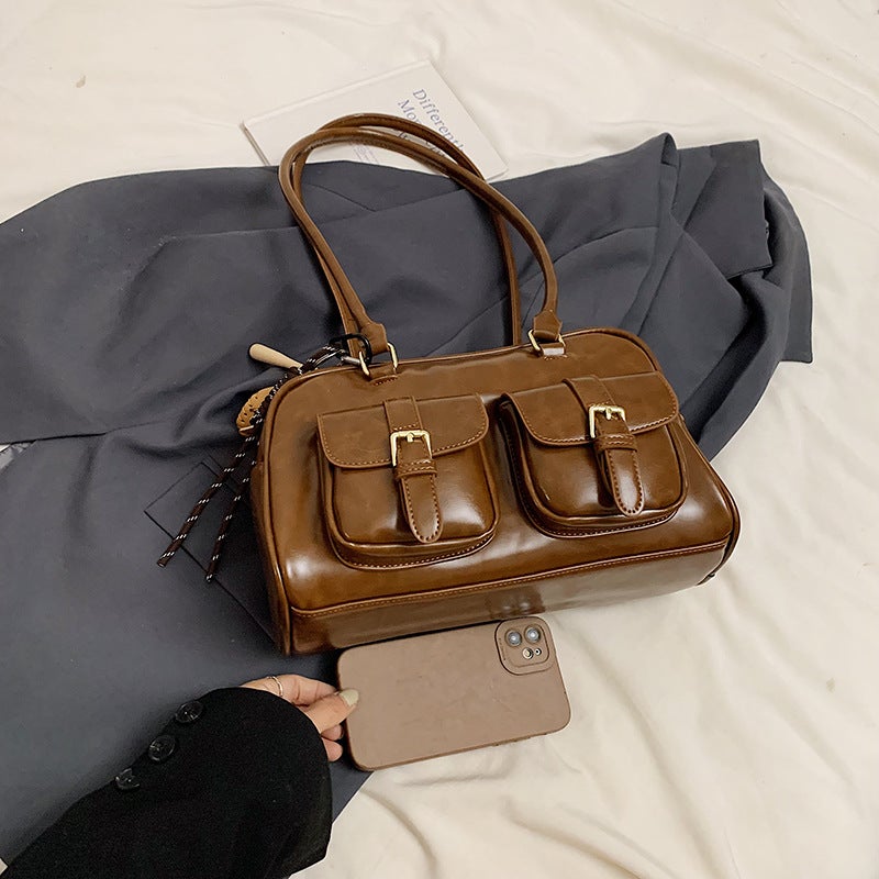 Vintage Boston Oil Wax Leather Pillow Bag Women'S Commuter Bowling Bag Portable Shoulder Bag - Image 4