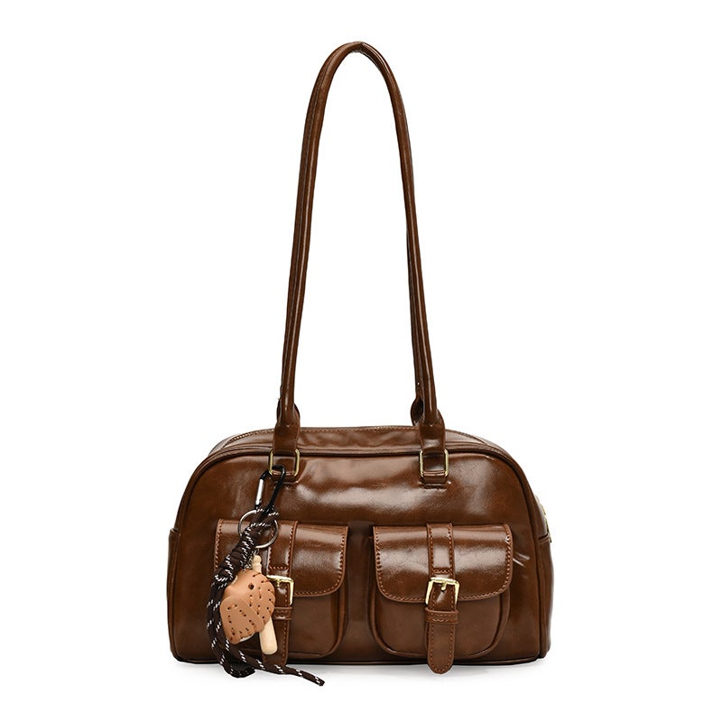 Vintage Boston Oil Wax Leather Pillow Bag Women'S Commuter Bowling Bag Portable Shoulder Bag - Image 1