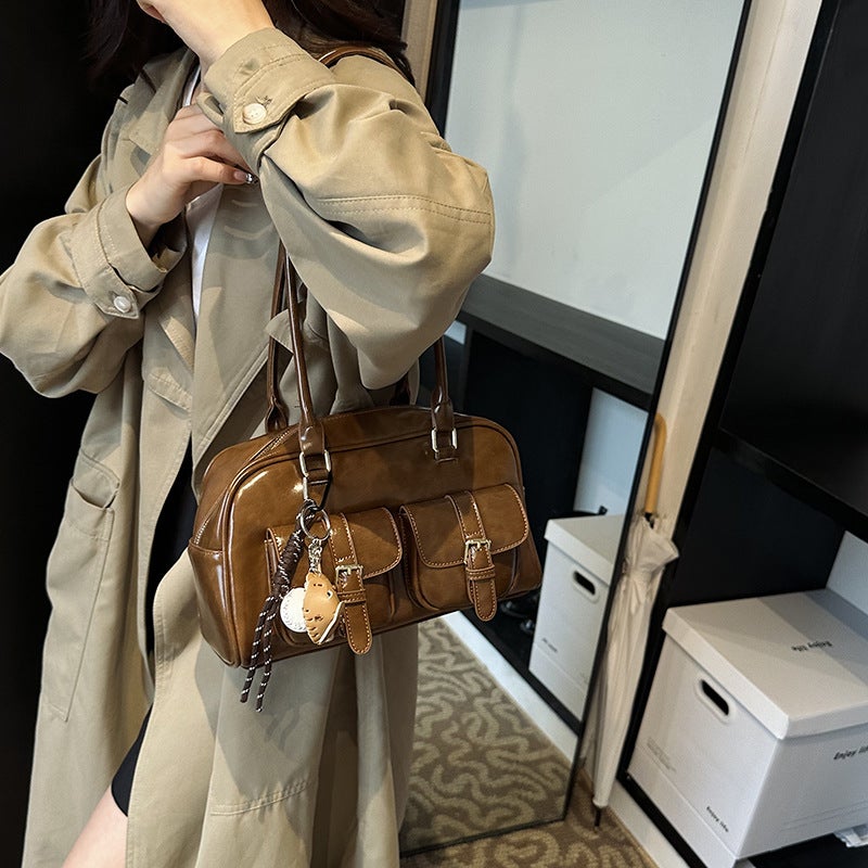 Vintage Boston Oil Wax Leather Pillow Bag Women'S Commuter Bowling Bag Portable Shoulder Bag - Image 5