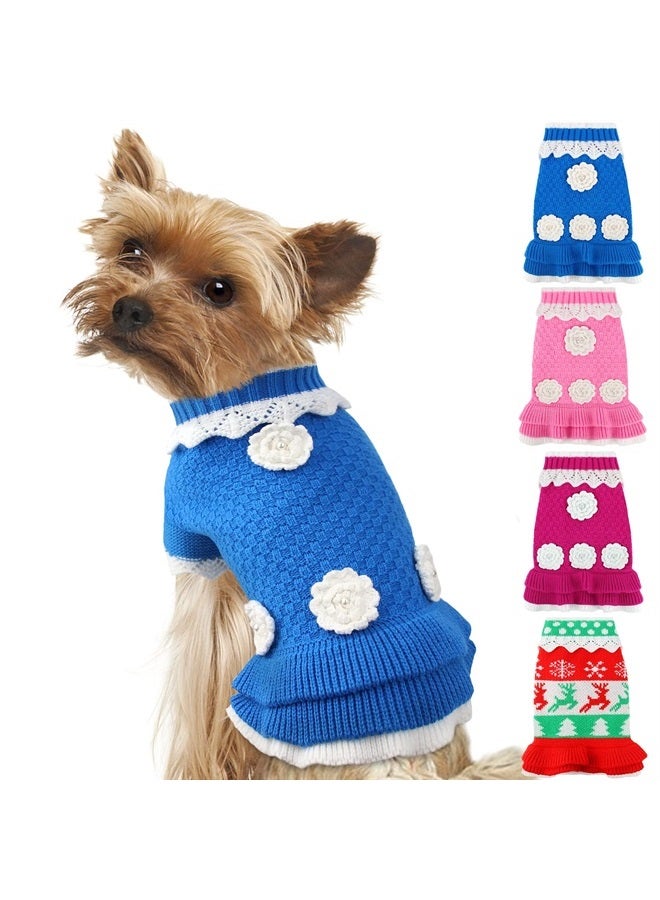 Joytale Small Dog Sweater Turtleneck Dress, Soft Warm Winter Pet Cable Knitwear Clothes with Cute Flower, Girl Boy Dog Pullover Knitted Sweaters for Cats Puppies Extra Small Dogs, Blue - Image 1
